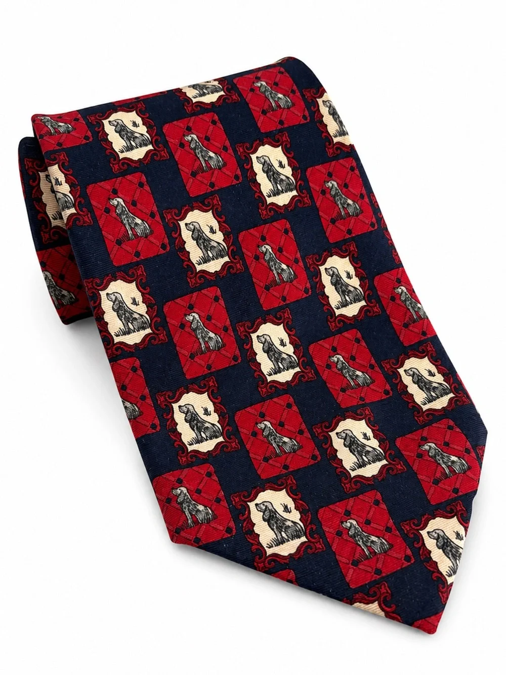 Paolo Gucci 100% Silk Tie Vintage Made in Italy Hunting Dog Red Navy Novelty